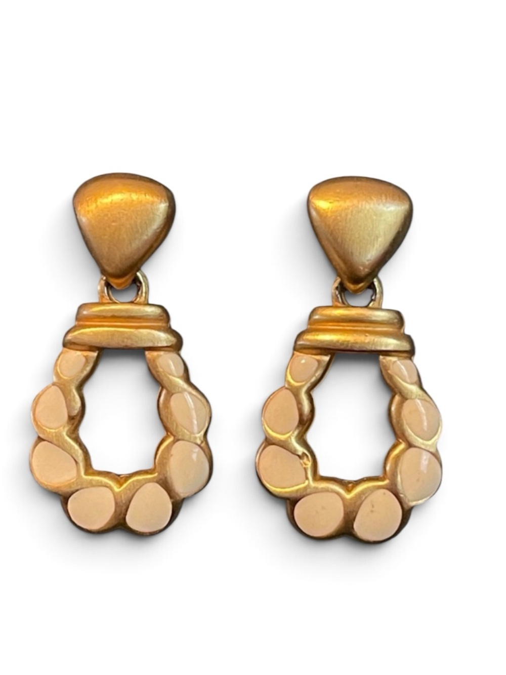 Vintage Anne Klein Gold & Cream Enamel Door Knocker Style Pierced Earrings